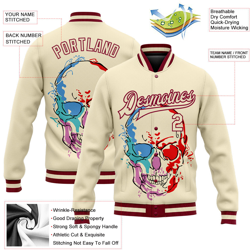 Custom Cream Maroon Skull Fashion 3D Bomber Full-Snap Varsity Letterman Jacket view 5