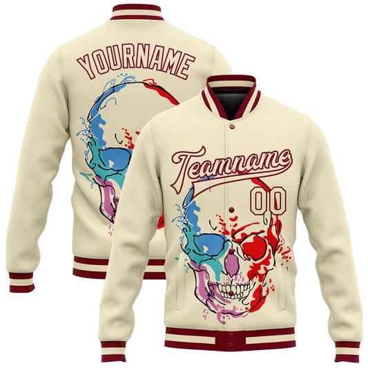 Custom Cream Maroon Skull Fashion 3D Bomber Full-Snap Varsity Letterman Jacket - Main View