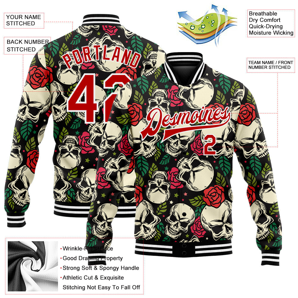 Custom Black Red-White Skull And Rose 3D Bomber Full-Snap Varsity Letterman Jacket view 5