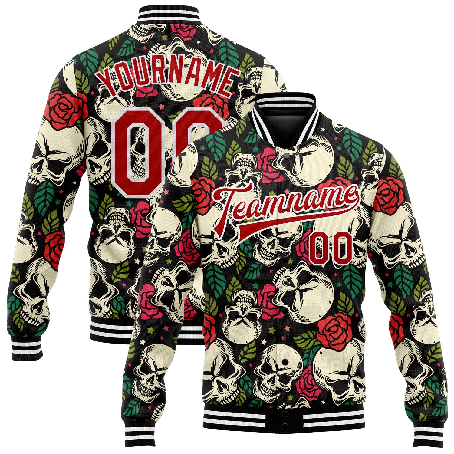 Custom Black Red-White Skull And Rose 3D Bomber Full-Snap Varsity Letterman Jacket - Main View