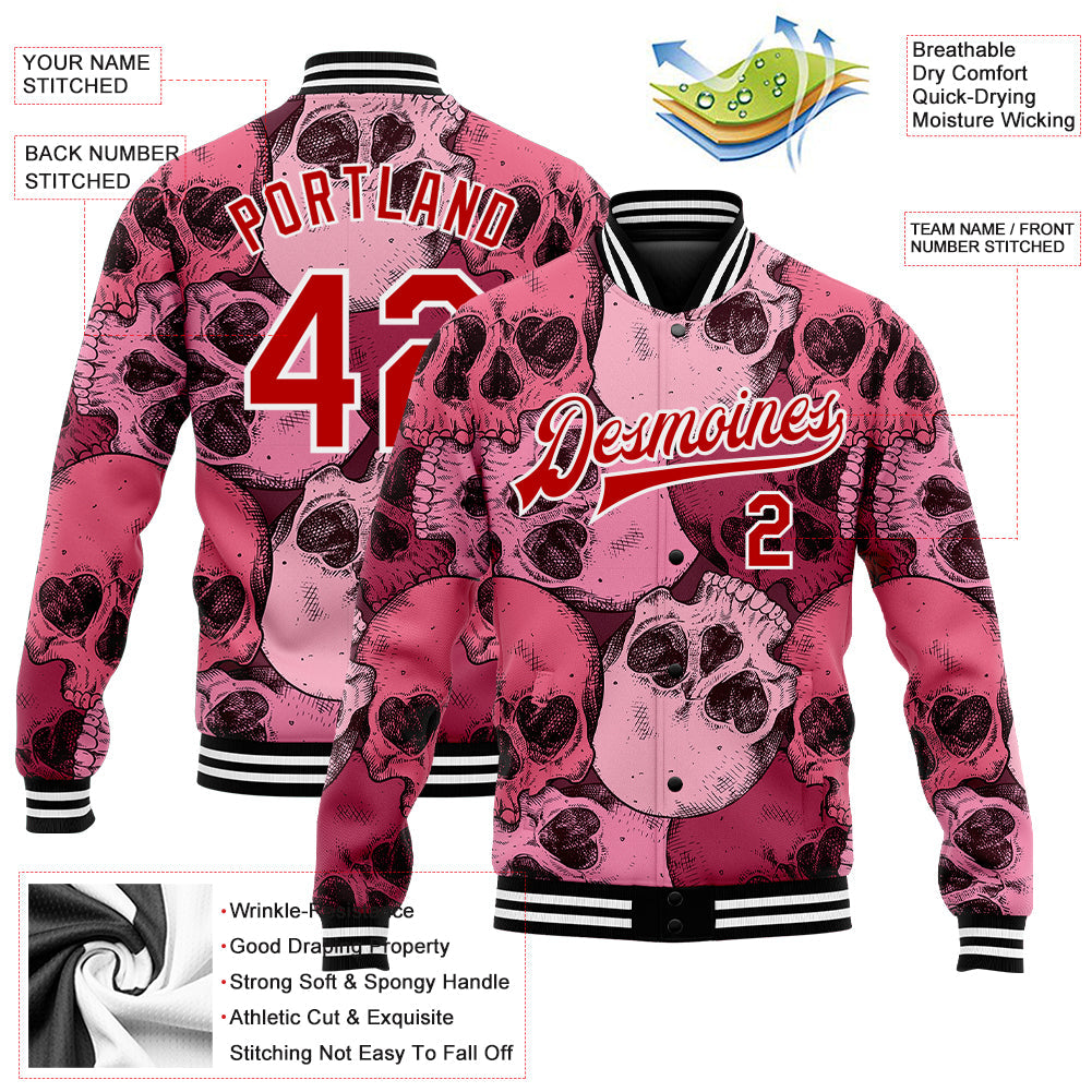 Custom Pink Red-White Skull With Heart Shaped Eyes 3D Bomber Full-Snap Varsity Letterman Jacket view 5