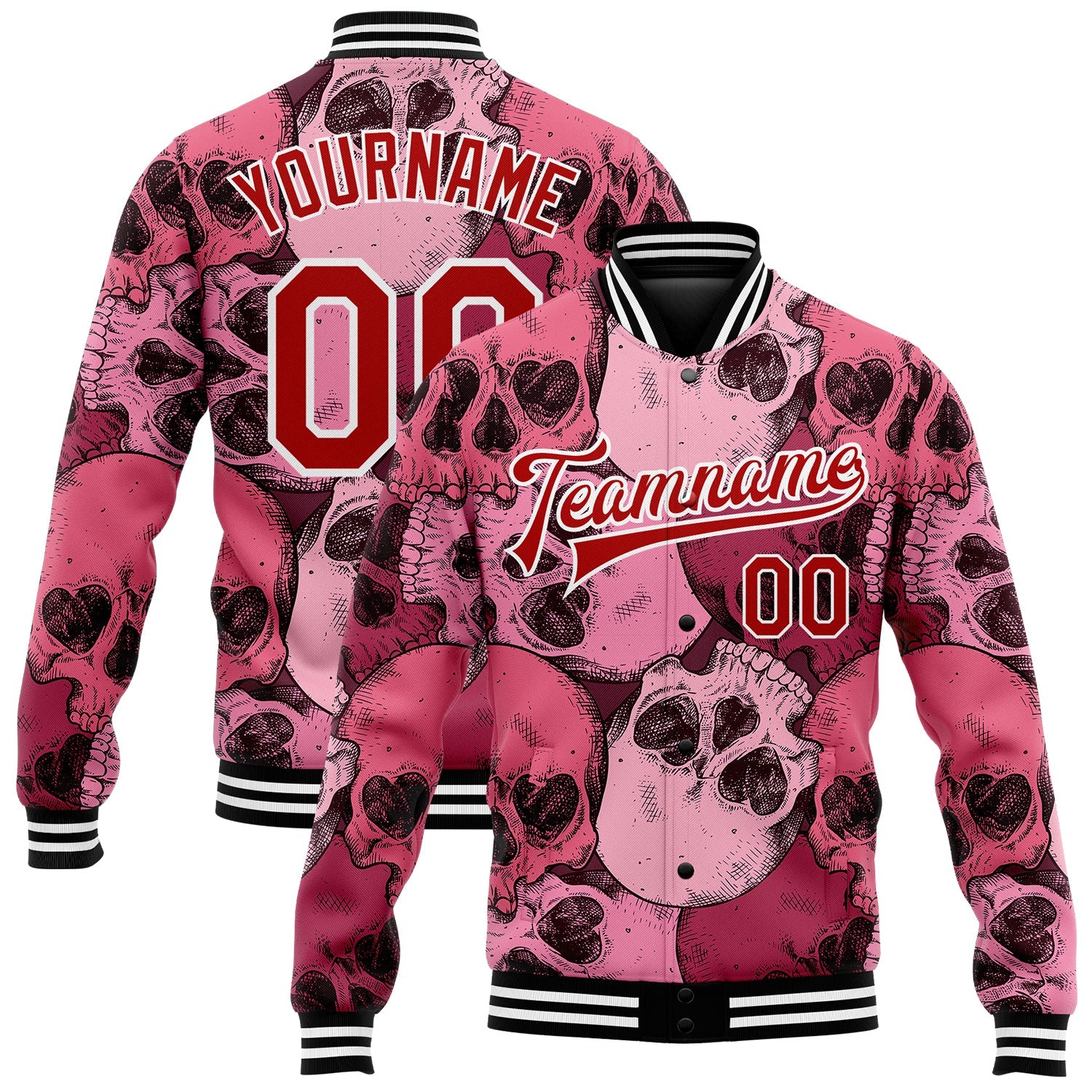 Custom Pink Red-White Skull With Heart Shaped Eyes 3D Bomber Full-Snap Varsity Letterman Jacket - Main View
