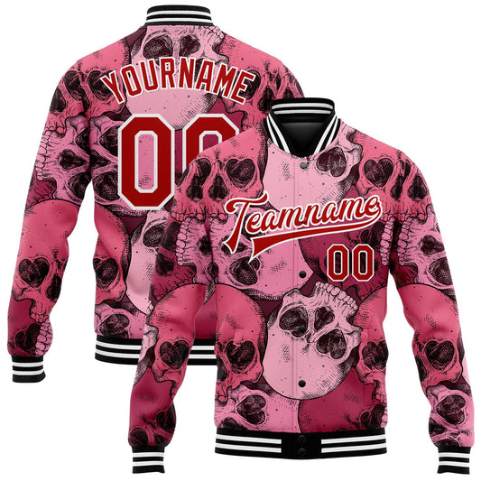 Custom Pink Red-White Skull With Heart Shaped Eyes 3D Bomber Full-Snap Varsity Letterman Jacket - Main View