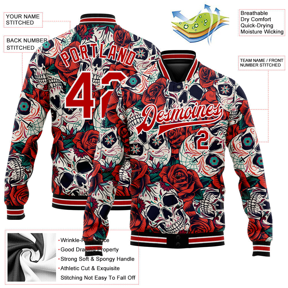 Custom Black Red-White Skull With Flower 3D Bomber Full-Snap Varsity Letterman Jacket view 5