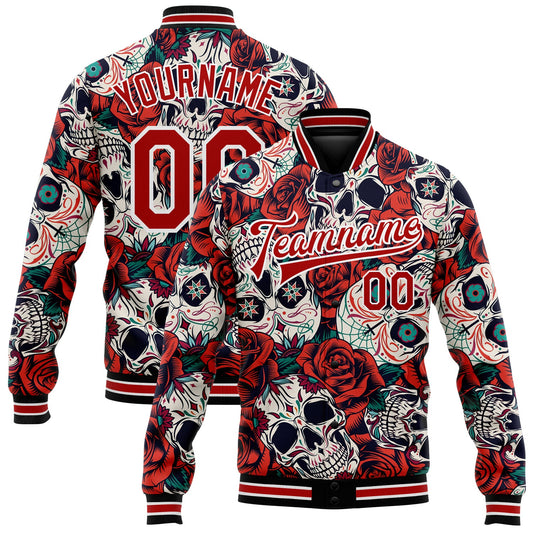 Custom Black Red-White Skull With Flower 3D Bomber Full-Snap Varsity Letterman Jacket - Main View