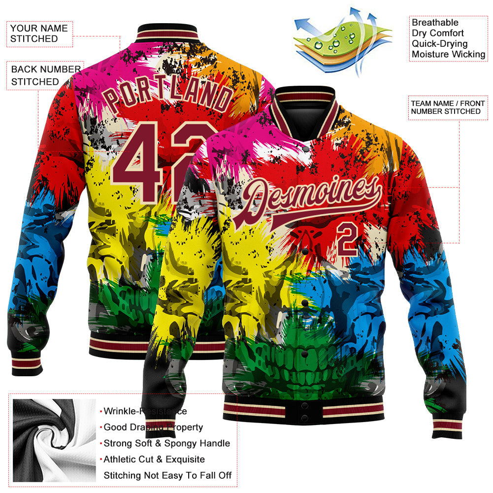 Custom Black Crimson-City Cream Skull Fashion 3D Bomber Full-Snap Varsity Letterman Jacket view 5