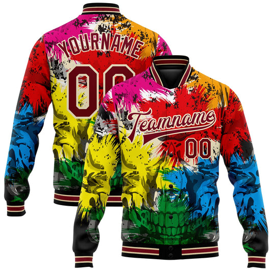 Custom Black Crimson-City Cream Skull Fashion 3D Bomber Full-Snap Varsity Letterman Jacket - Main View