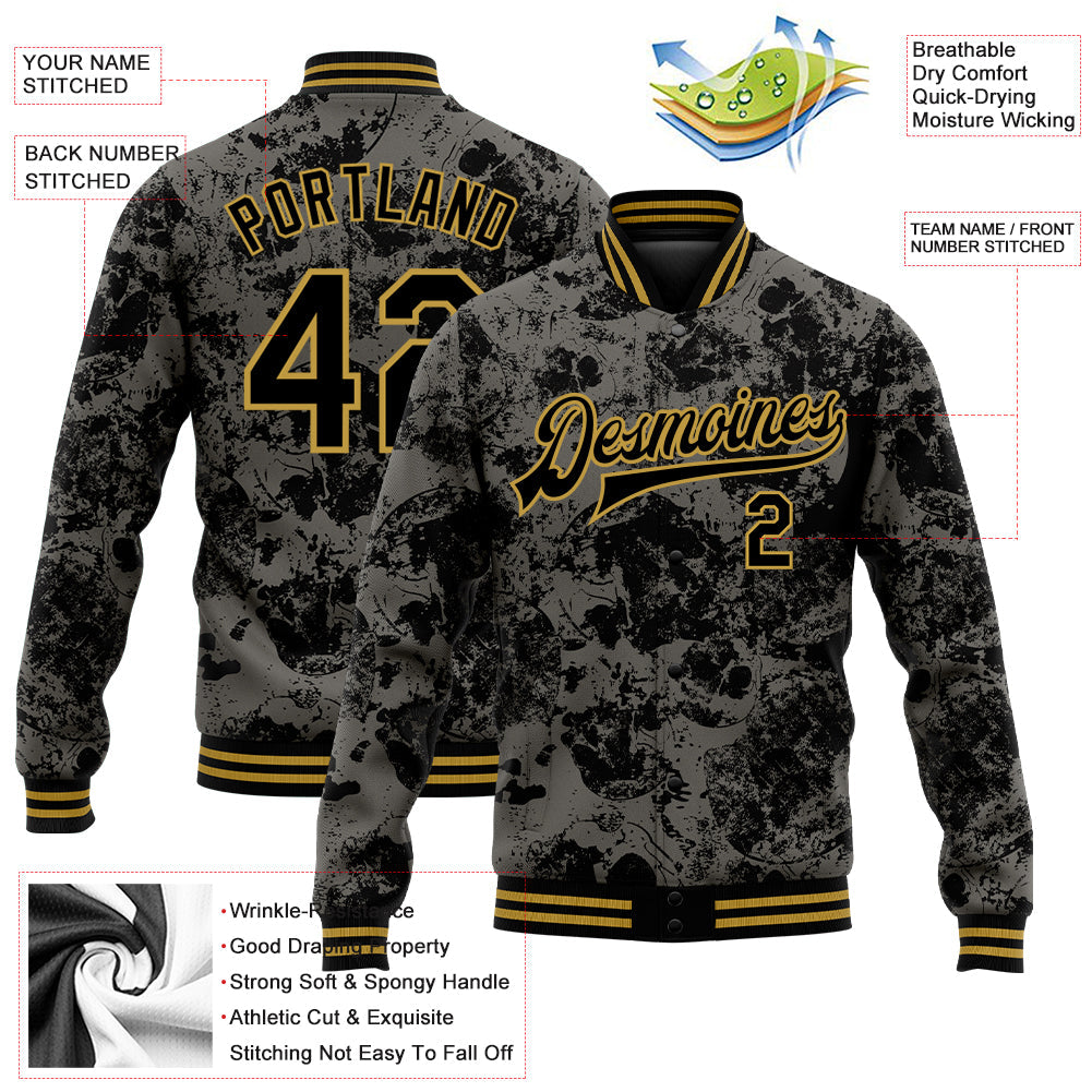 Custom Black Old Gold Skull Fashion 3D Bomber Full-Snap Varsity Letterman Jacket view 5