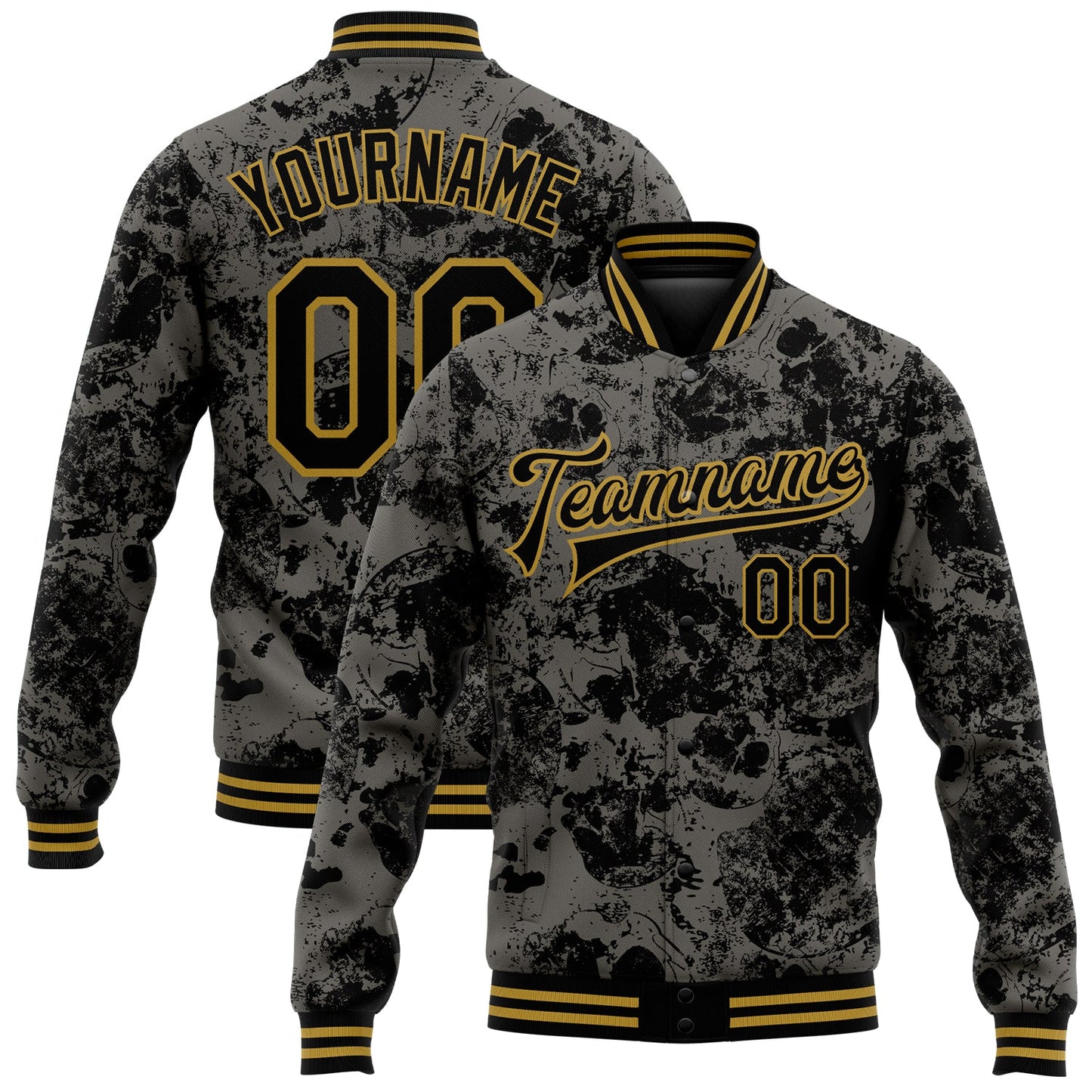 Custom Black Old Gold Skull Fashion 3D Bomber Full-Snap Varsity Letterman Jacket - Main View