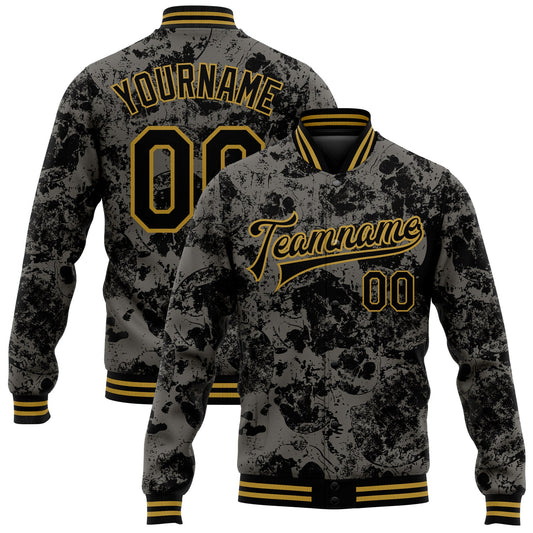 Custom Black Old Gold Skull Fashion 3D Bomber Full-Snap Varsity Letterman Jacket - Main View