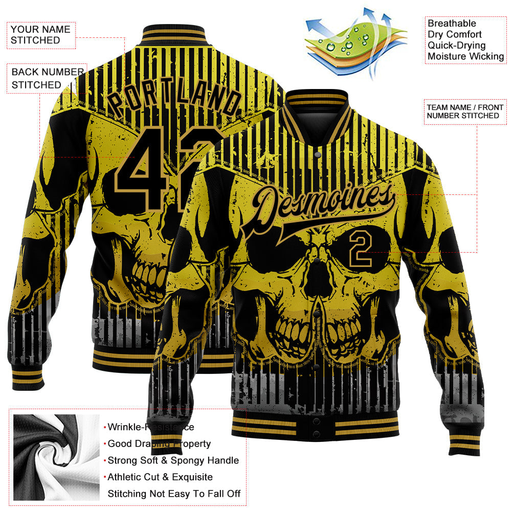 Custom Black Old Gold Skull With Butterfly 3D Bomber Full-Snap Varsity Letterman Jacket view 5