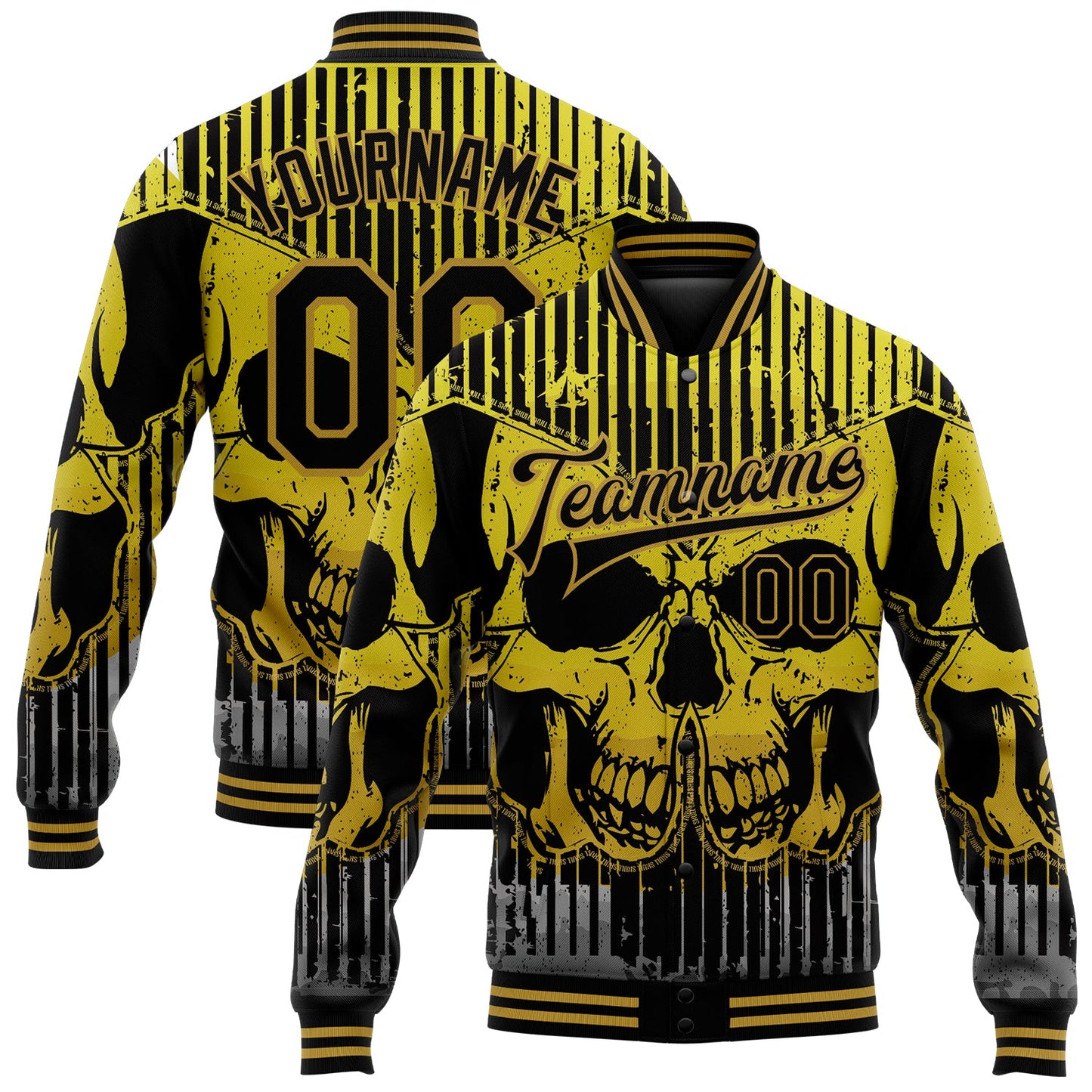 Custom Black Old Gold Skull With Butterfly 3D Bomber Full-Snap Varsity Letterman Jacket - Main View