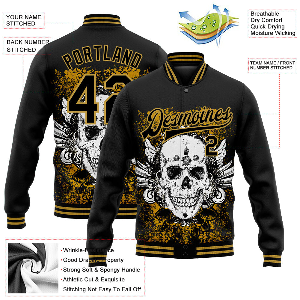Custom Black Old Gold Skull With Wing 3D Bomber Full-Snap Varsity Letterman Jacket view 5
