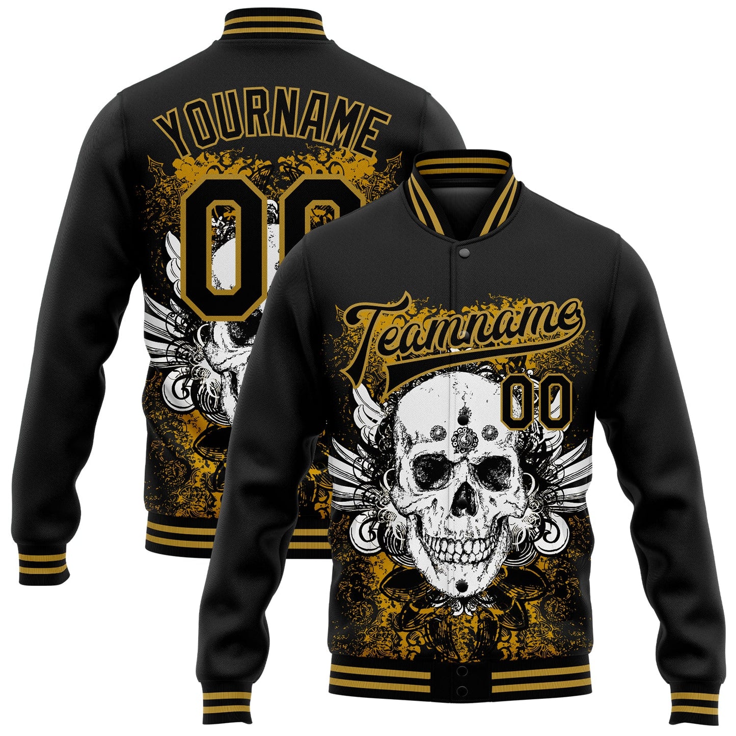 Custom Black Old Gold Skull With Wing 3D Bomber Full-Snap Varsity Letterman Jacket - Main View