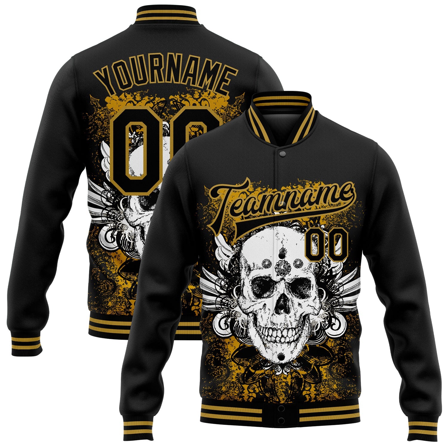Custom Black Old Gold Skull With Wing 3D Bomber Full-Snap Varsity Letterman Jacket - Main View