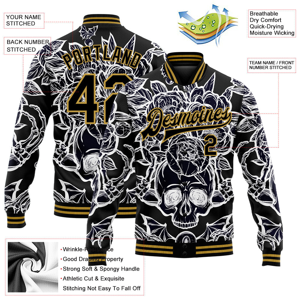 Custom Black Old Gold Skull With Peonies 3D Bomber Full-Snap Varsity Letterman Jacket view 5