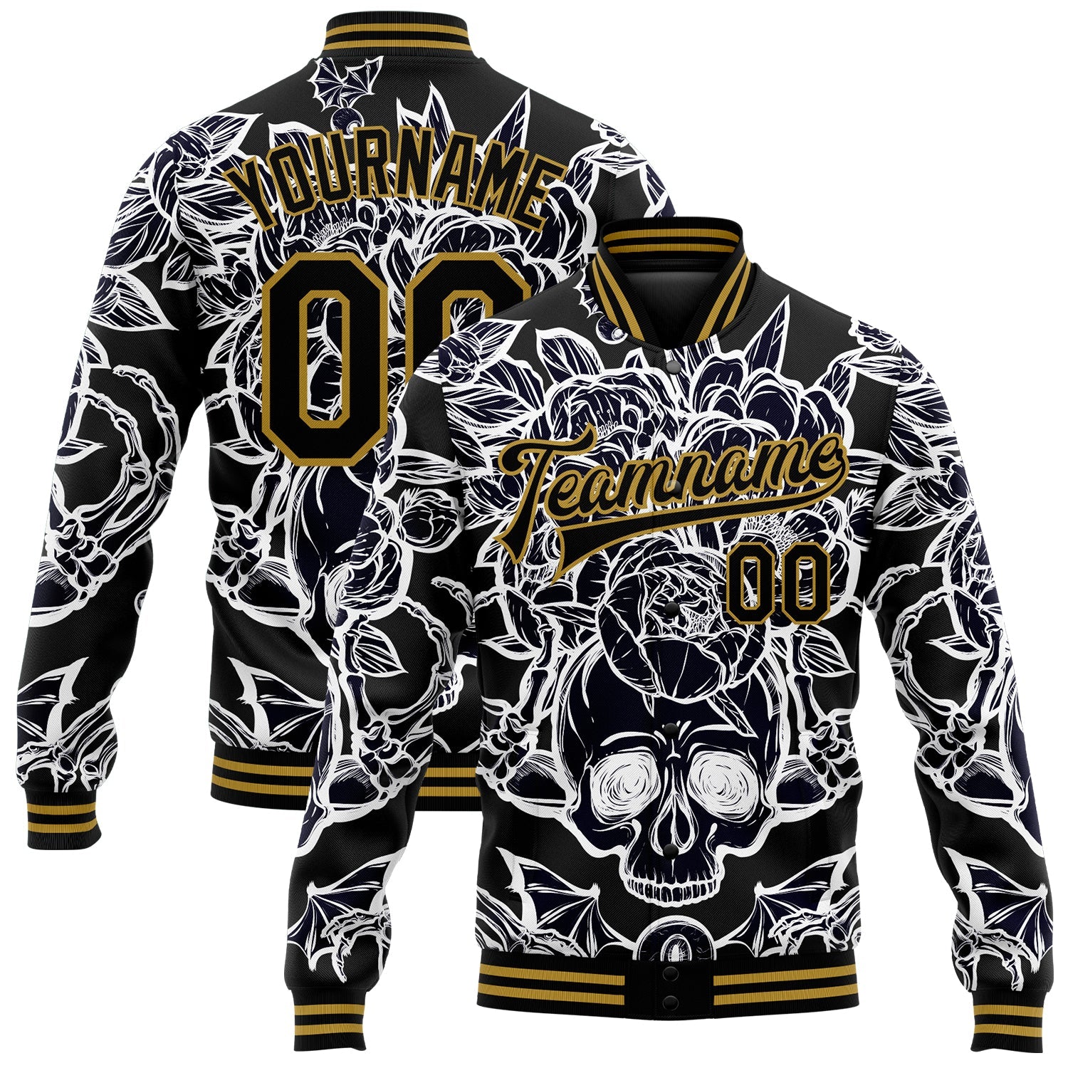 Custom Black Old Gold Skull With Peonies 3D Bomber Full-Snap Varsity Letterman Jacket - Main View