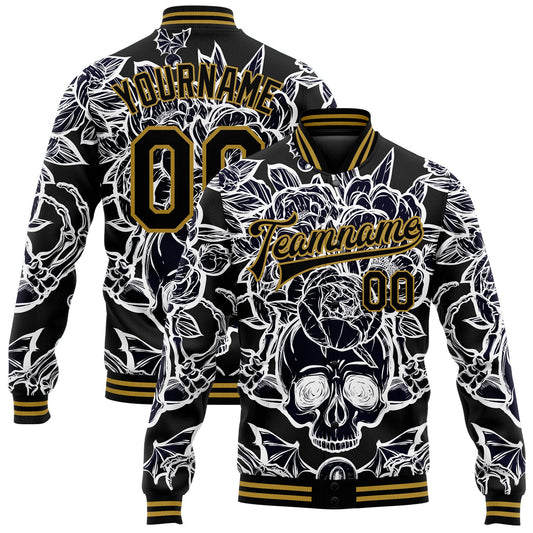 Custom Black Old Gold Skull With Peonies 3D Bomber Full-Snap Varsity Letterman Jacket - Main View