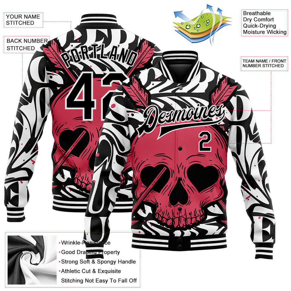 Custom Black White Pink Skull With Heart Shaped Eyes 3D Bomber Full-Snap Varsity Letterman Jacket view 5