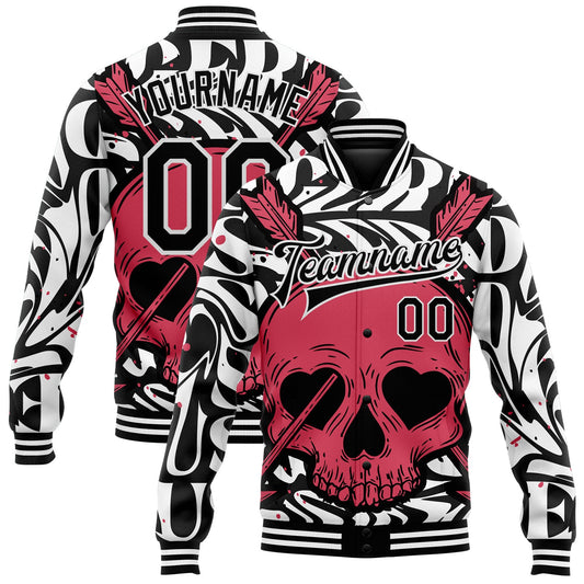 Custom Black White Pink Skull With Heart Shaped Eyes 3D Bomber Full-Snap Varsity Letterman Jacket - Main View