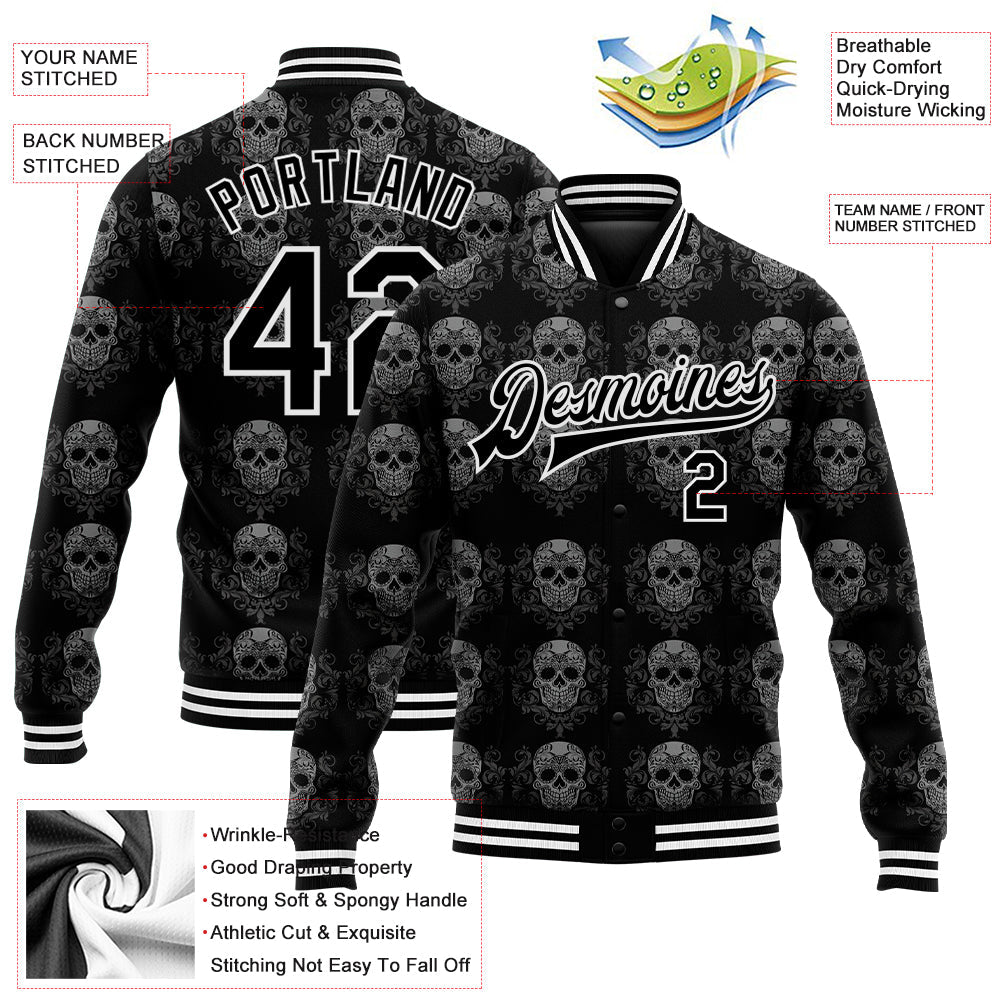 Custom Black White Skull Fashion 3D Bomber Full-Snap Varsity Letterman Jacket view 5