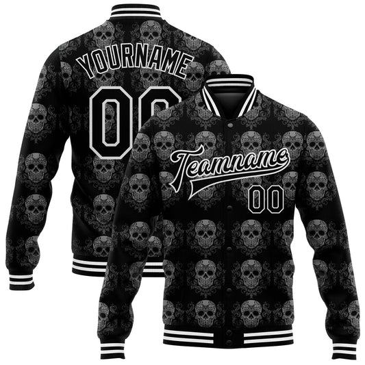 Custom Black White Skull Fashion 3D Bomber Full-Snap Varsity Letterman Jacket - Main View