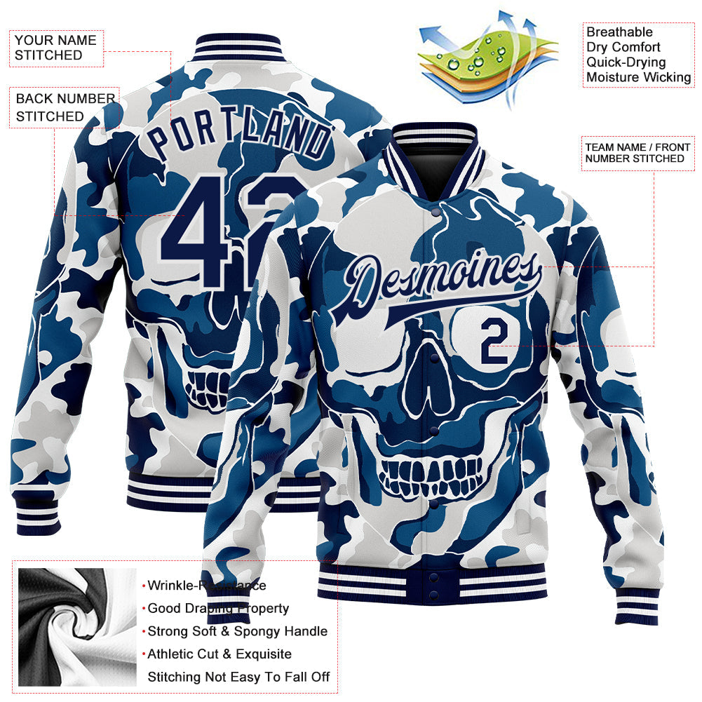 Custom Camo Navy-White Skull Fashion 3D Bomber Full-Snap Varsity Letterman Salute To Service Jacket view 5