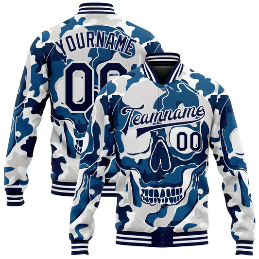 Custom Camo Navy-White Skull Fashion 3D Bomber Full-Snap Varsity Letterman Salute To Service Jacket - Main View