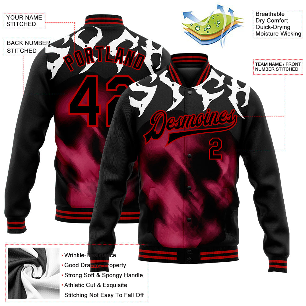 Custom Black Red Skull Fashion 3D Bomber Full-Snap Varsity Letterman Jacket view 5