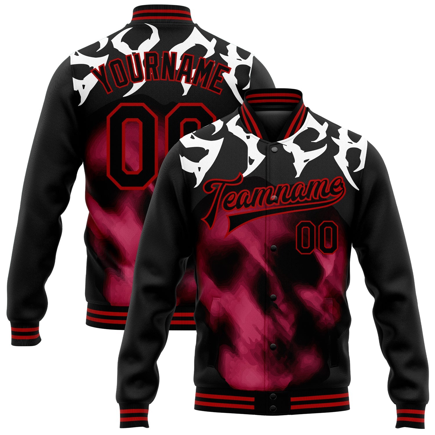 Custom Black Red Skull Fashion 3D Bomber Full-Snap Varsity Letterman Jacket - Main View