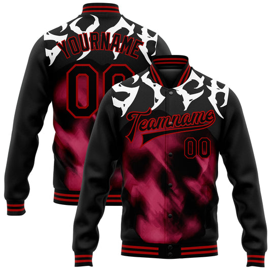 Custom Black Red Skull Fashion 3D Bomber Full-Snap Varsity Letterman Jacket - Main View