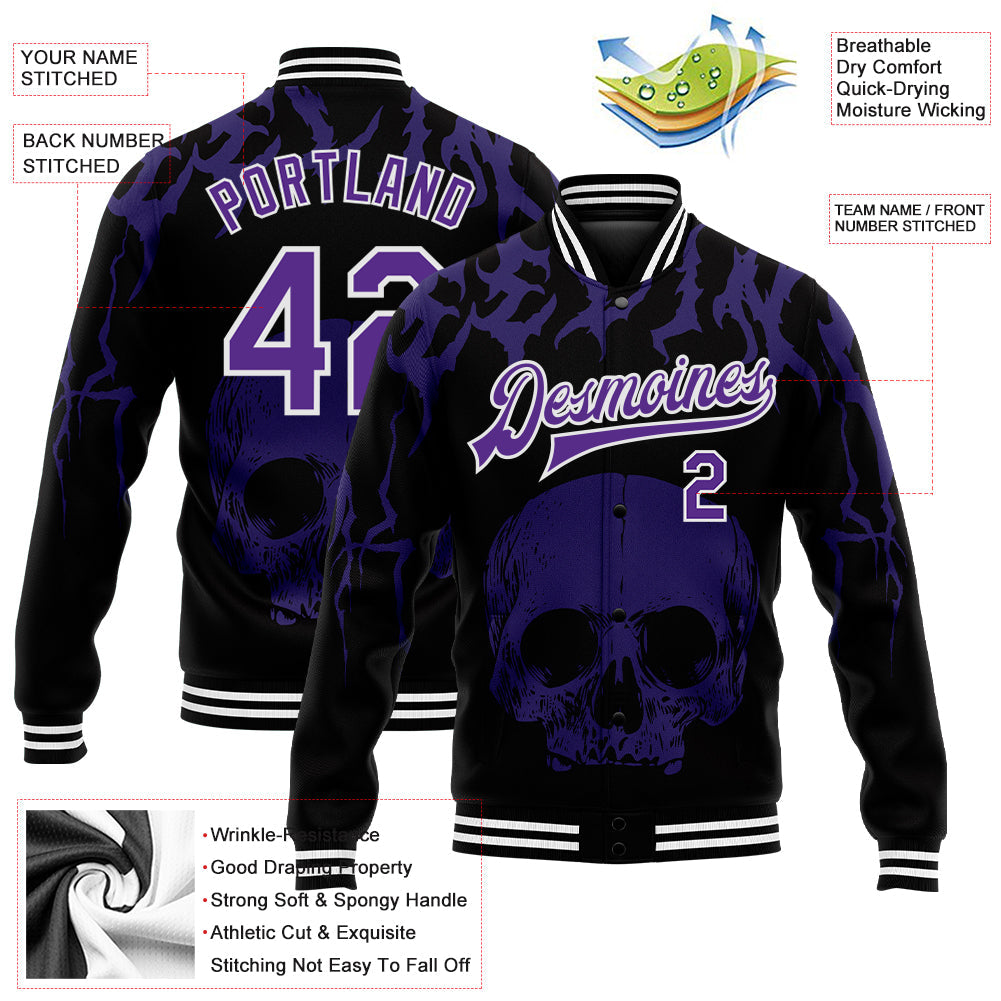 Custom Black Purple-White Skull Fashion 3D Bomber Full-Snap Varsity Letterman Jacket view 5