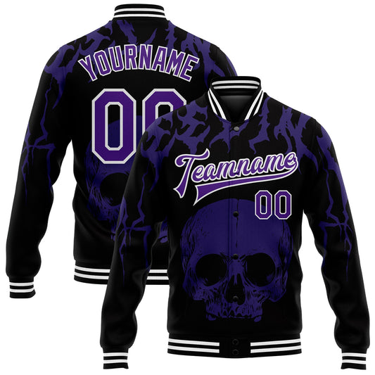 Custom Black Purple-White Skull Fashion 3D Bomber Full-Snap Varsity Letterman Jacket - Main View