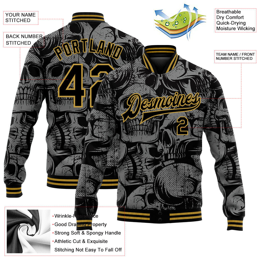Custom Black Old Gold Skull Fashion 3D Bomber Full-Snap Varsity Letterman Jacket view 5