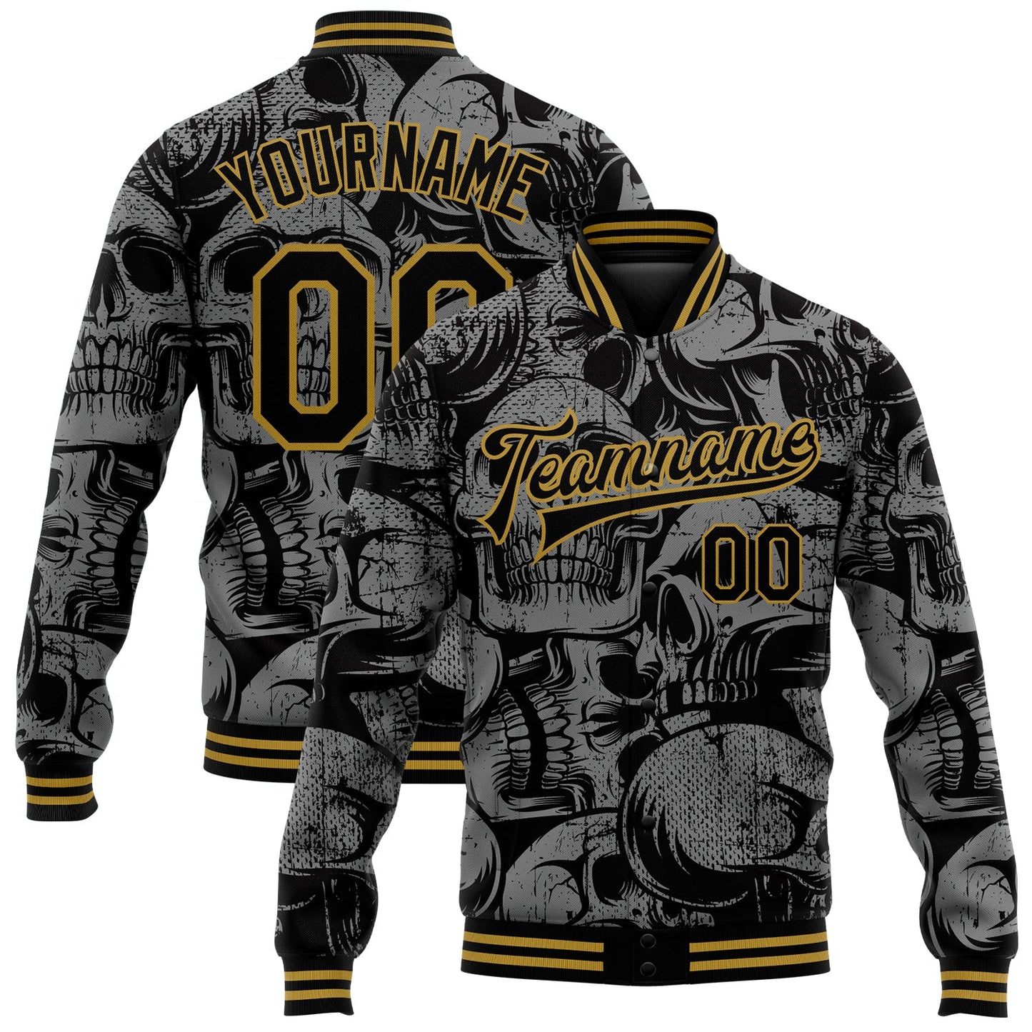 Custom Black Old Gold Skull Fashion 3D Bomber Full-Snap Varsity Letterman Jacket - Main View