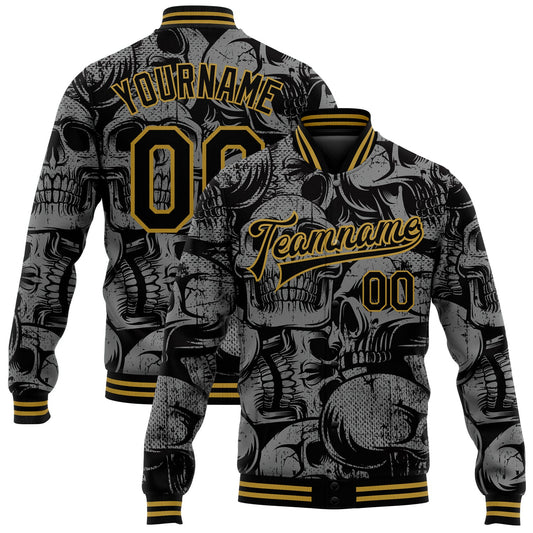 Custom Black Old Gold Skull Fashion 3D Bomber Full-Snap Varsity Letterman Jacket - Main View