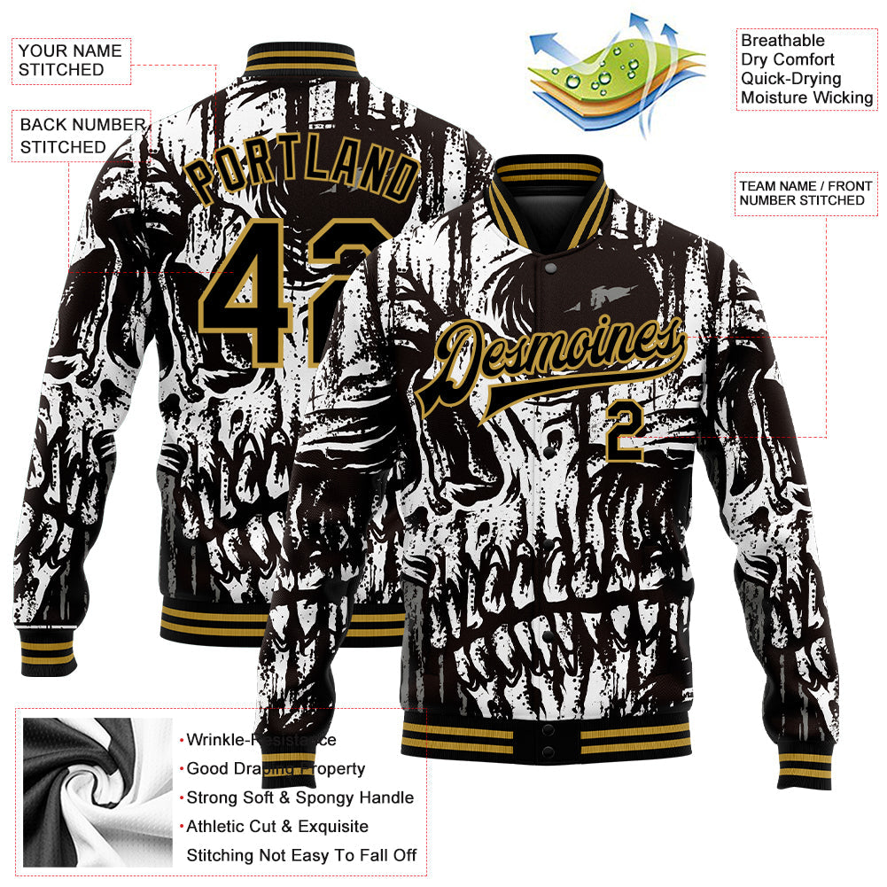 Custom Black Old Gold Skull Fashion 3D Bomber Full-Snap Varsity Letterman Jacket view 5
