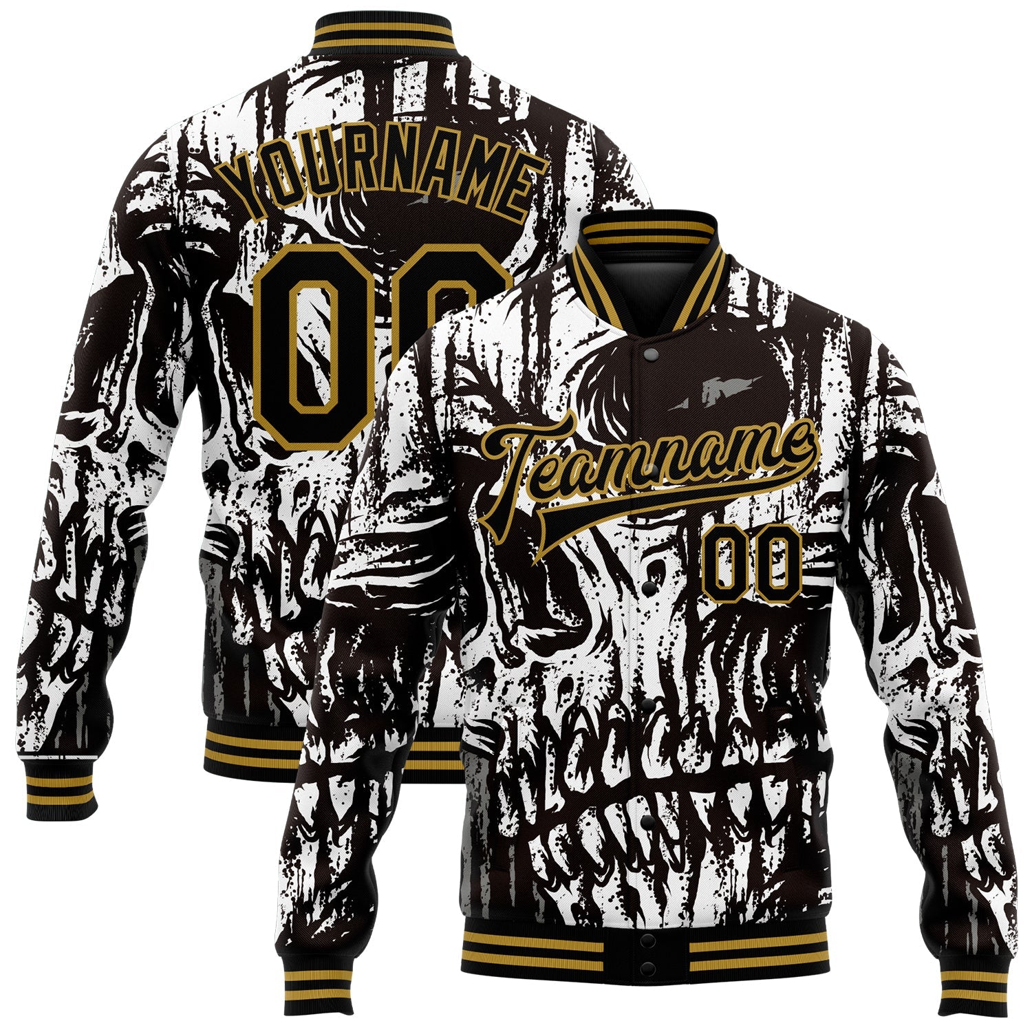 Custom Black Old Gold Skull Fashion 3D Bomber Full-Snap Varsity Letterman Jacket - Main View