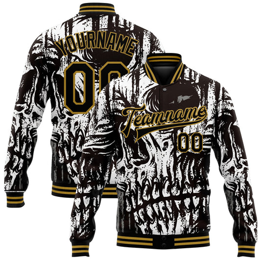 Custom Black Old Gold Skull Fashion 3D Bomber Full-Snap Varsity Letterman Jacket - Main View