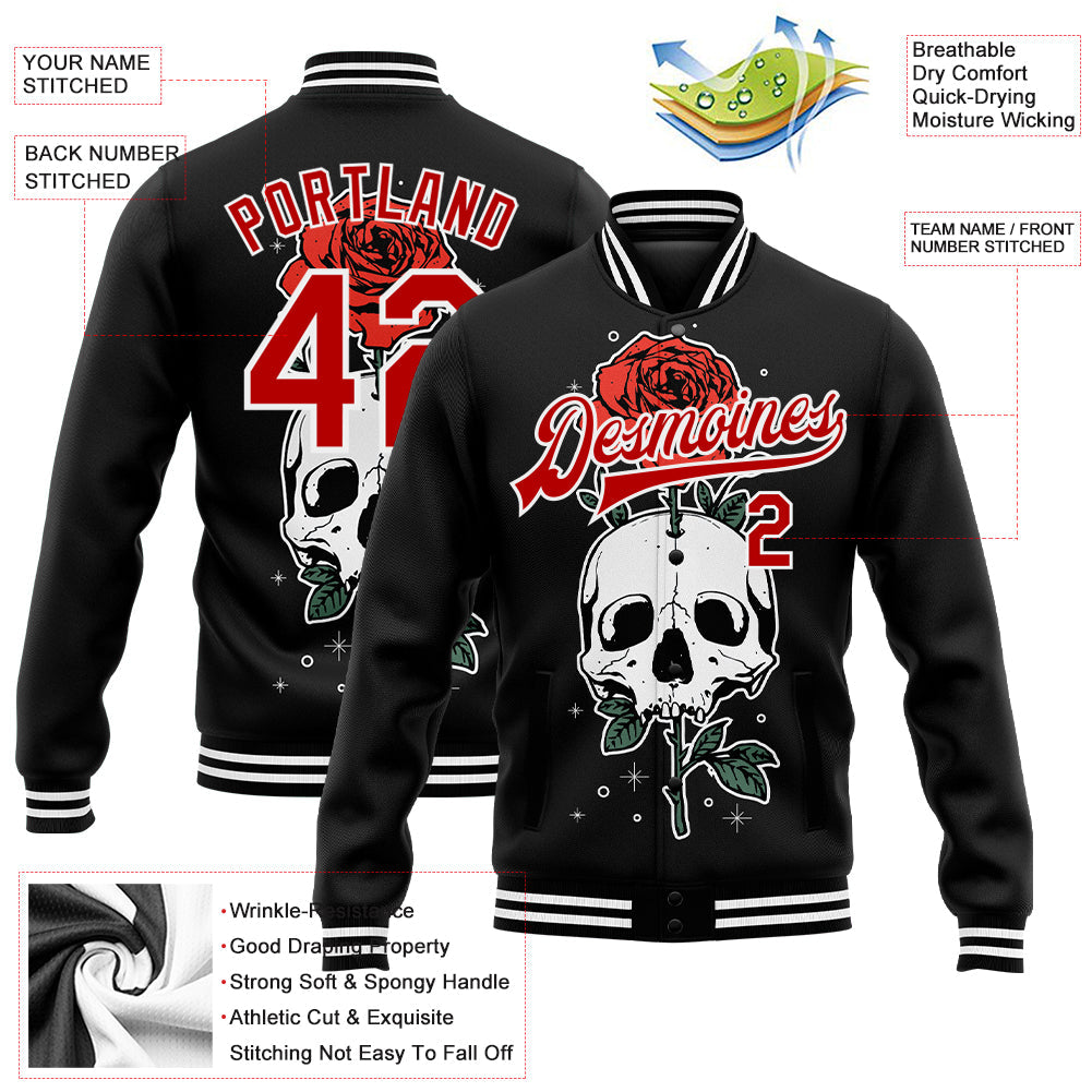 Custom Black Red-White Skull With Flower 3D Bomber Full-Snap Varsity Letterman Jacket view 5