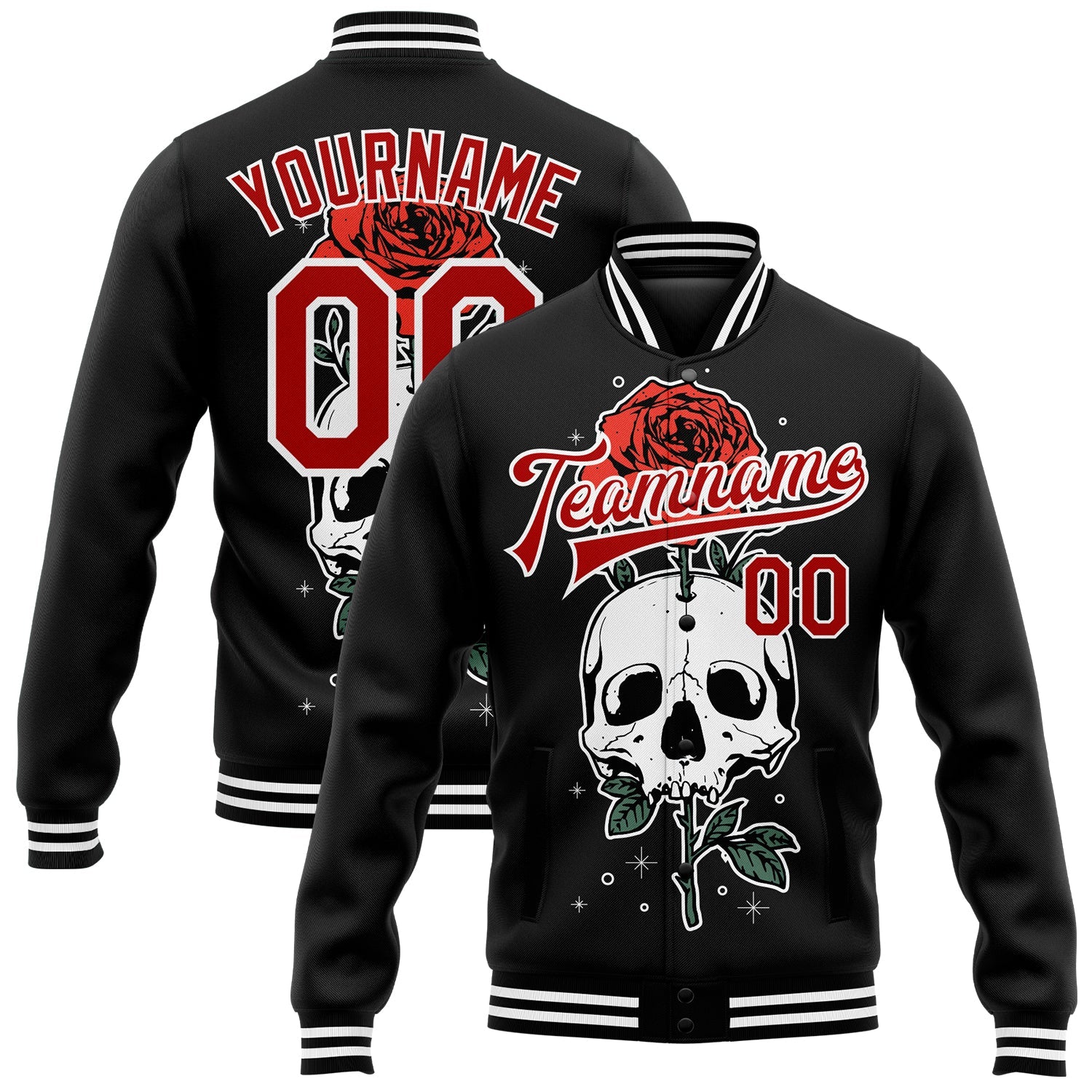 Custom Black Red-White Skull With Flower 3D Bomber Full-Snap Varsity Letterman Jacket - Main View