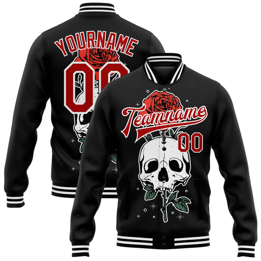 Custom Black Red-White Skull With Flower 3D Bomber Full-Snap Varsity Letterman Jacket - Main View