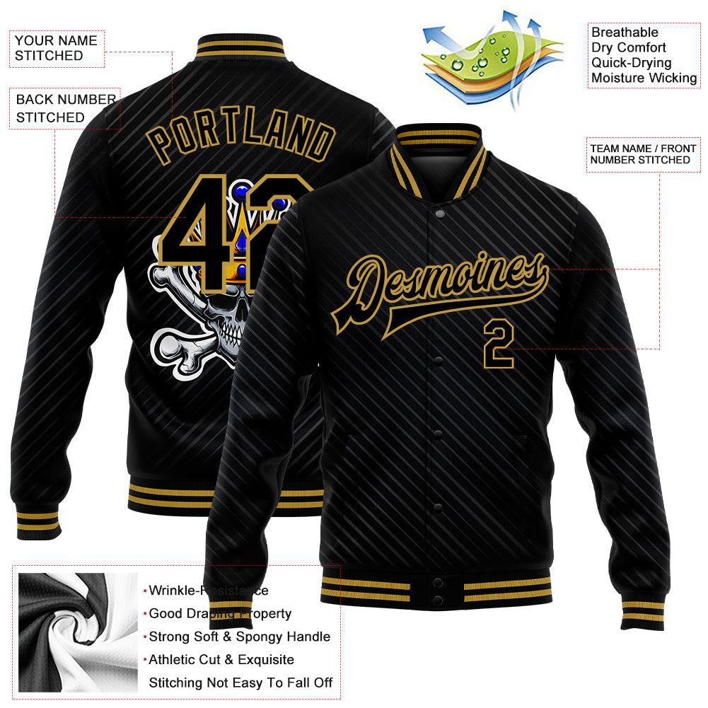 Custom Black Old Gold Skull With Gold Crown And Crossing Bones 3D Bomber Full-Snap Varsity Letterman Jacket view 5