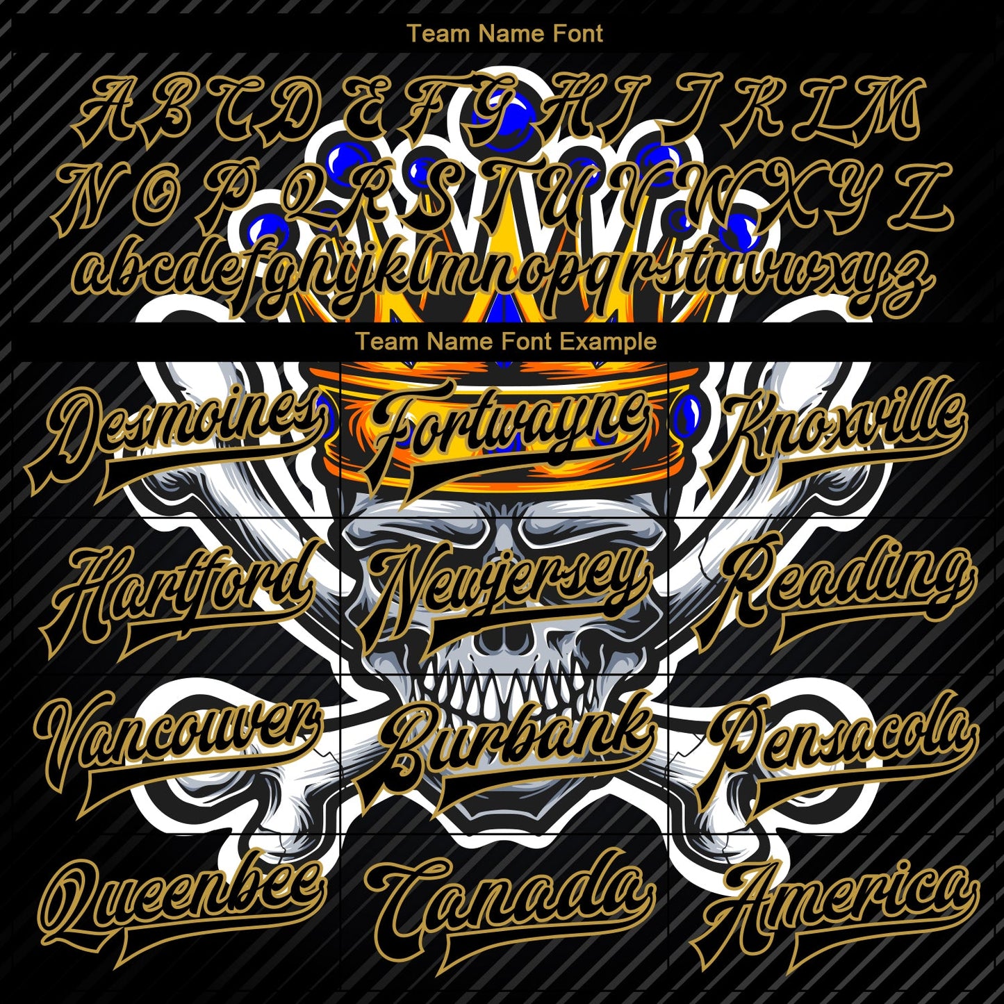 Custom Black Old Gold Skull With Gold Crown And Crossing Bones 3D Bomber Full-Snap Varsity Letterman Jacket view 6