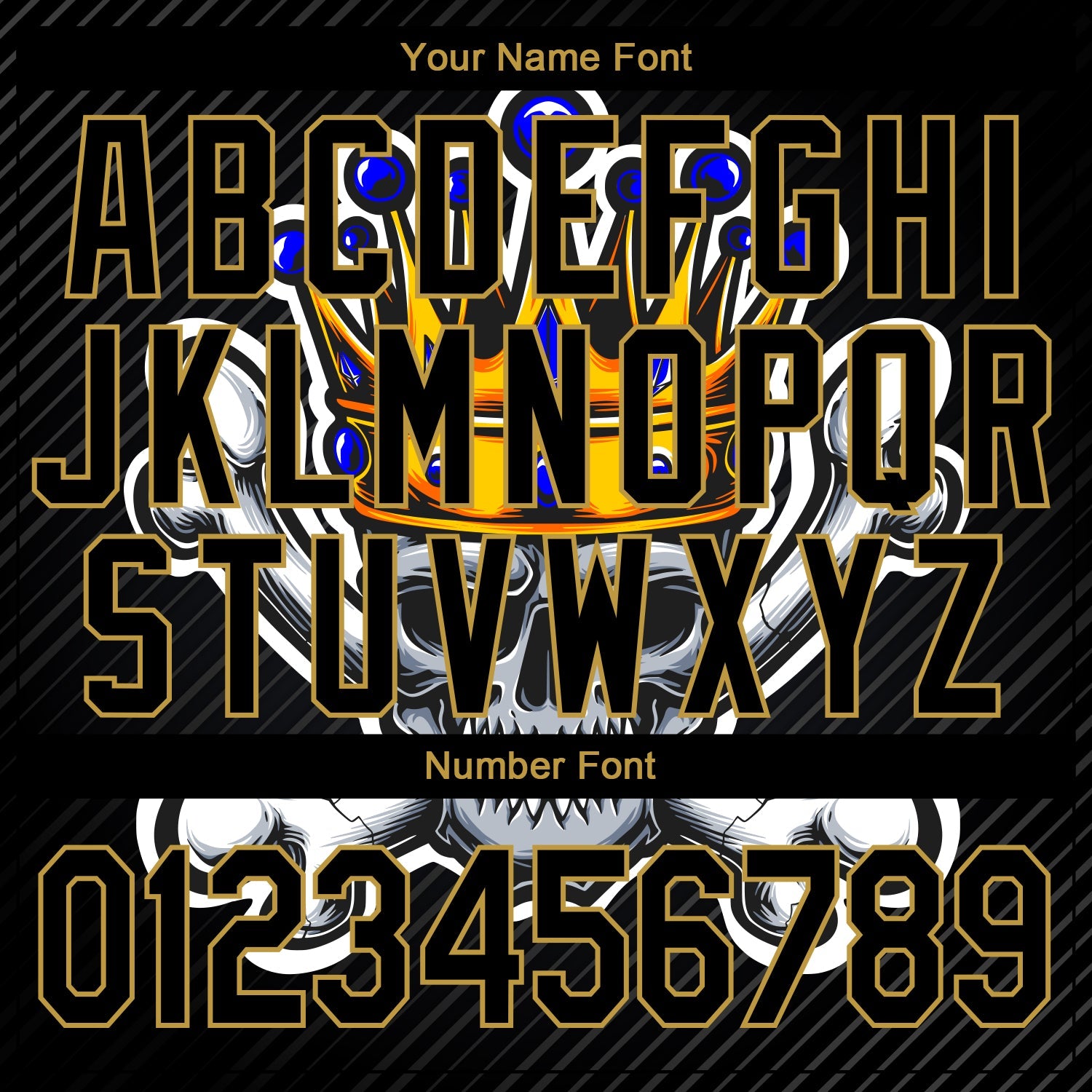 Custom Black Old Gold Skull With Gold Crown And Crossing Bones 3D Bomber Full-Snap Varsity Letterman Jacket view 7