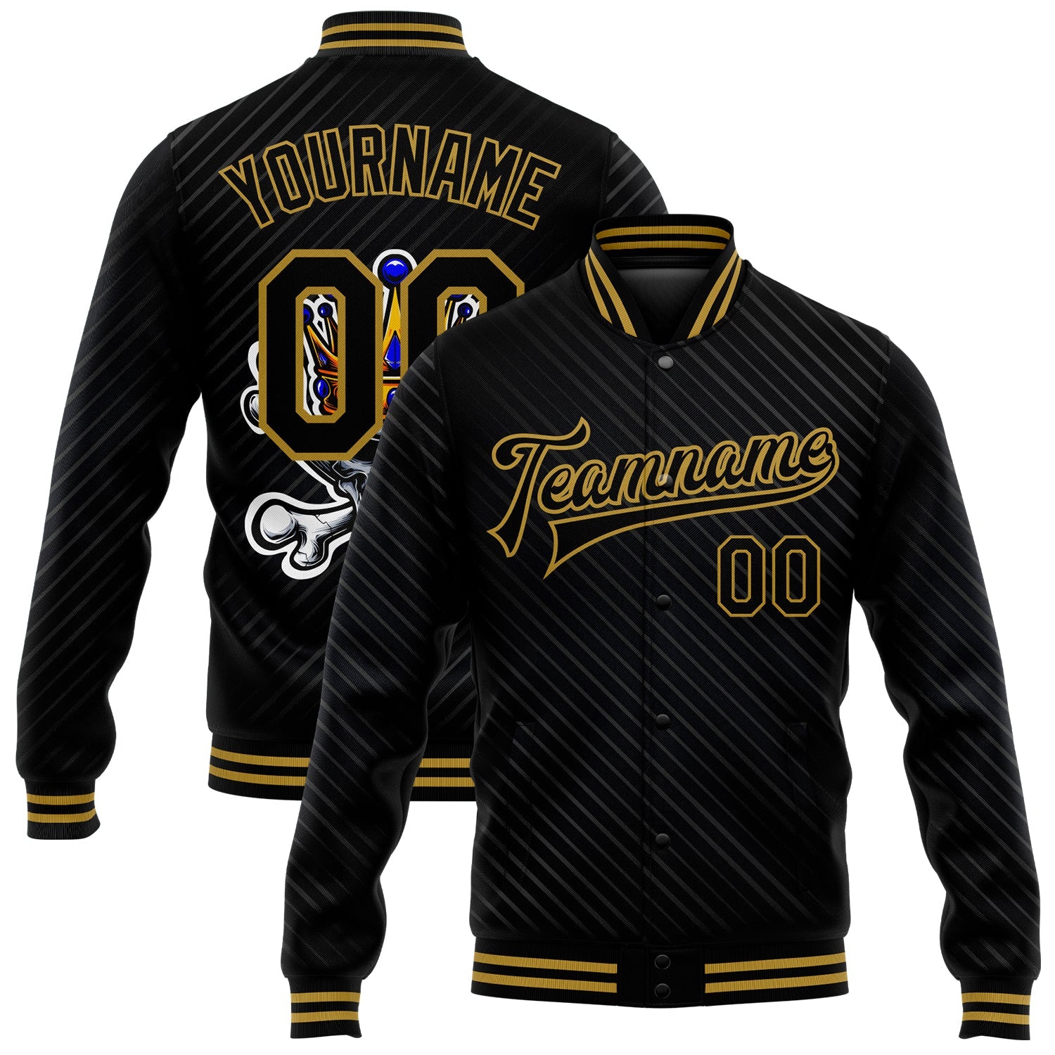 Custom Black Old Gold Skull With Gold Crown And Crossing Bones 3D Bomber Full-Snap Varsity Letterman Jacket - Main View
