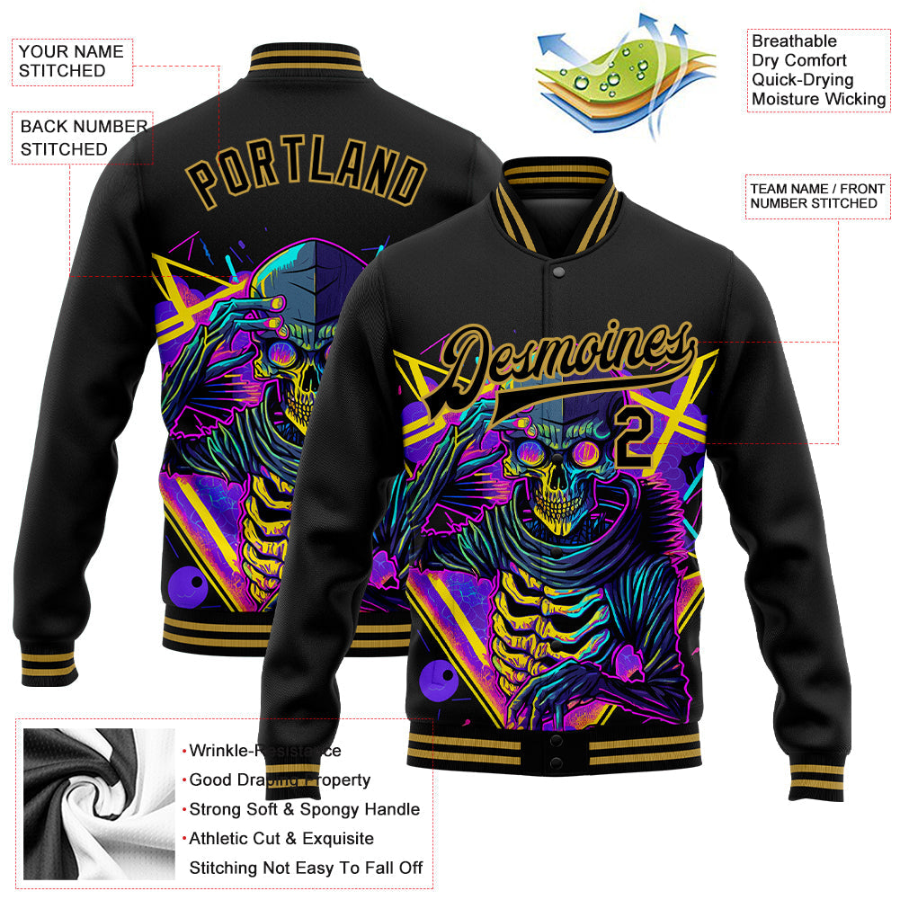 Custom Black Old Gold Psychedelic Skeleton Metal Apparel Dark Art 3D Bomber Full-Snap Varsity Letterman Jacket view 5