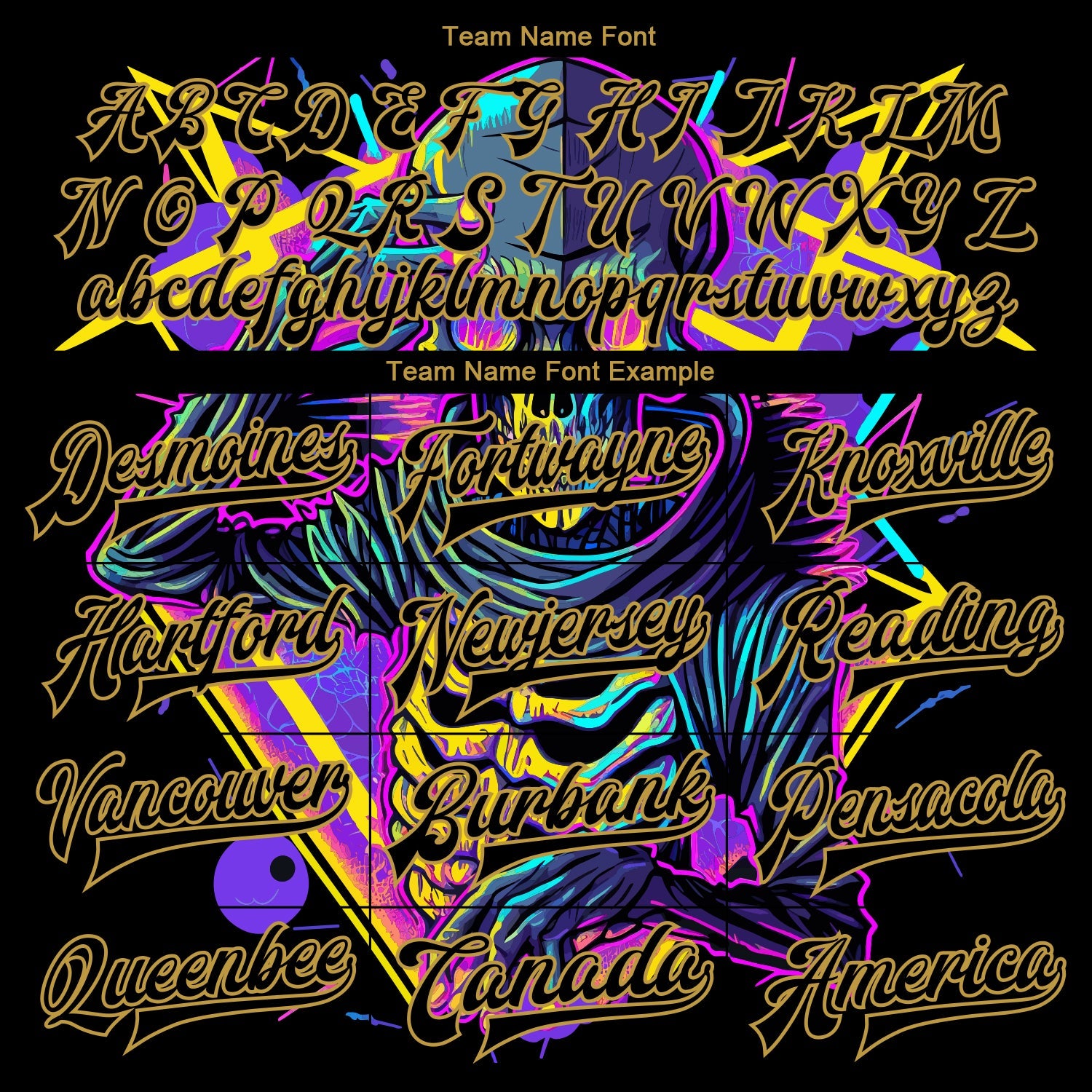 Custom Black Old Gold Psychedelic Skeleton Metal Apparel Dark Art 3D Bomber Full-Snap Varsity Letterman Jacket view 6