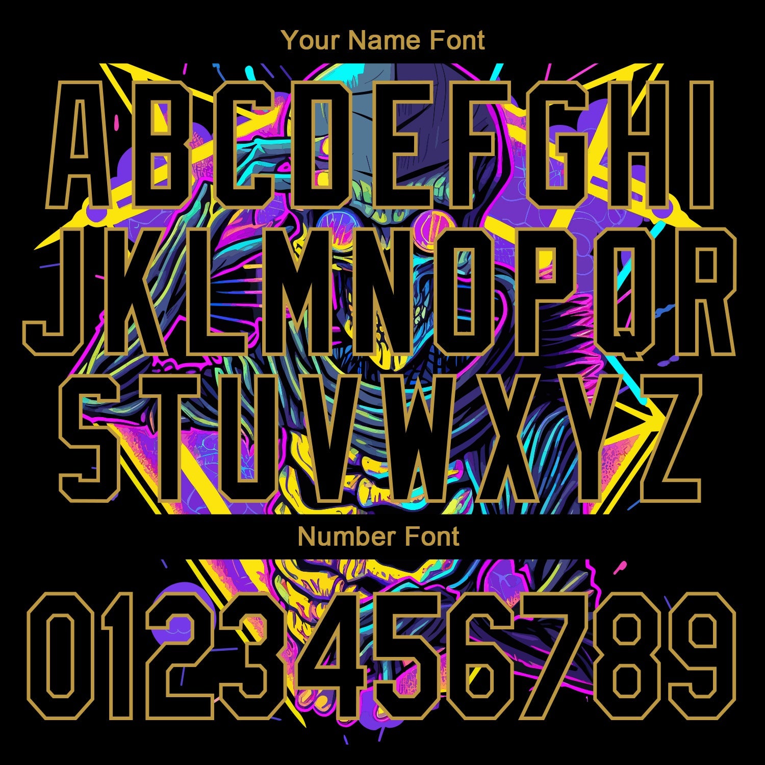 Custom Black Old Gold Psychedelic Skeleton Metal Apparel Dark Art 3D Bomber Full-Snap Varsity Letterman Jacket view 7