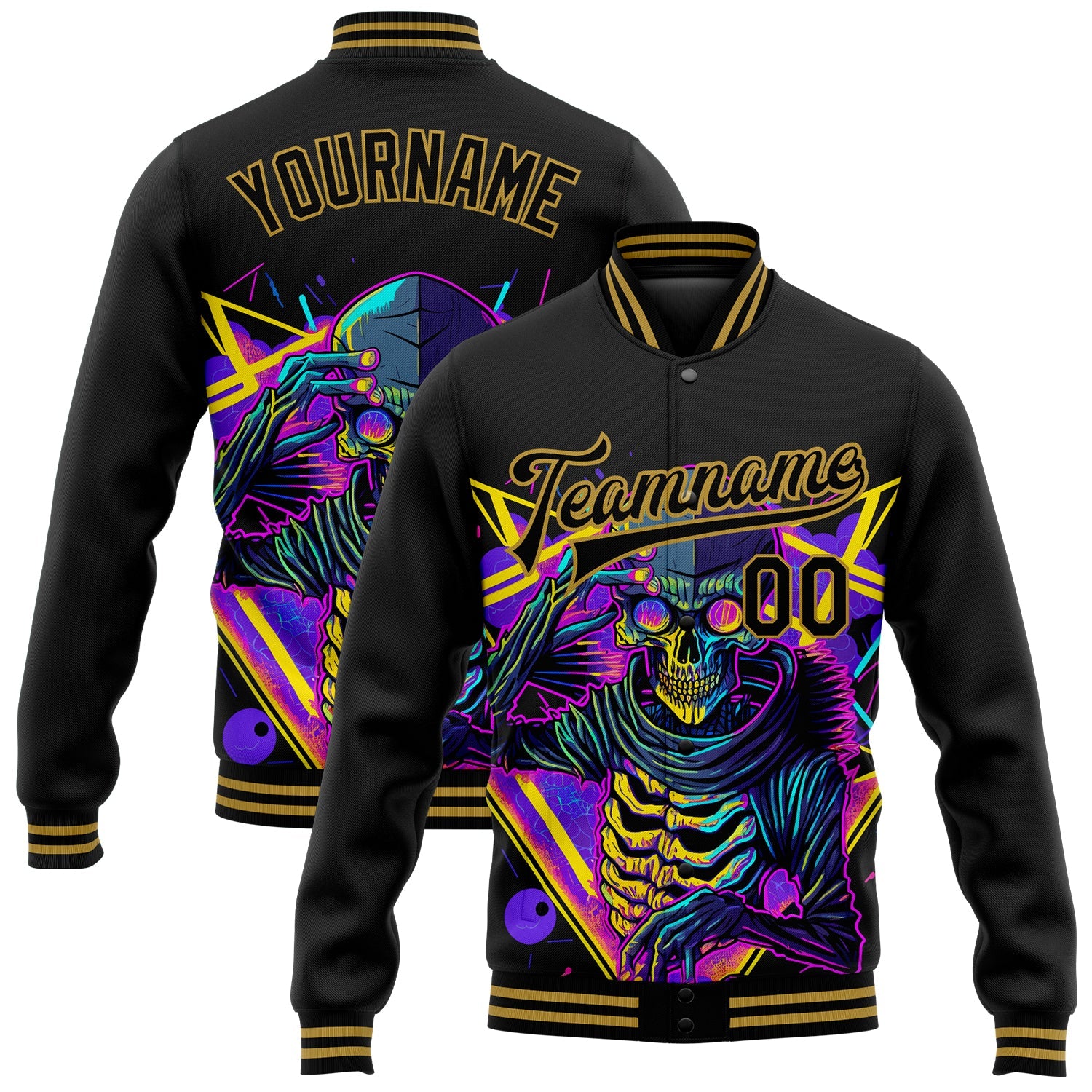 Custom Black Old Gold Psychedelic Skeleton Metal Apparel Dark Art 3D Bomber Full-Snap Varsity Letterman Jacket - Main View